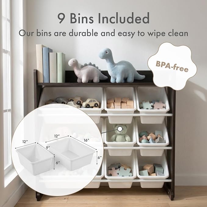 Humble Crew Toy Storage Organizer with 9 Removable Storage Bins for Kids Playroom, 3-Tier with Top Shelf Toddler Toy Organization and Storage, Espresso/White