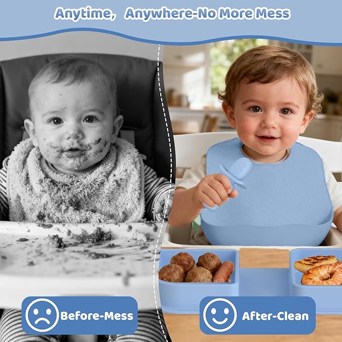 Blue Silicone Foldable Feeding Set, Travel Baby Feeding Supplies Including Toddler Plates, Silicone Baby Spoon&Fork, Adjustable Foldable Bib, Portable Infant Toddler Utensils