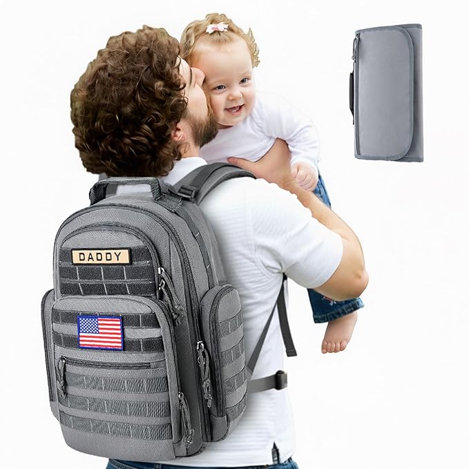 SHARKMOUTH Diaper Bag with Changing Pad - Large Military Baby Diaper Backpack for Hiking Travel Camping - Army Style for Men Active Dad Gray