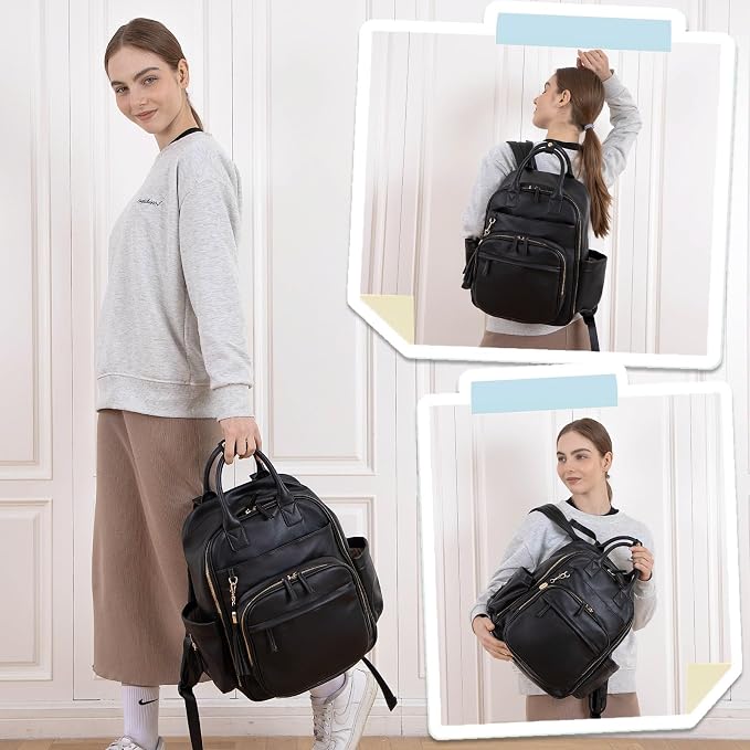 Omanmoli Diaper Bag Backpack,Leather Baby Bag with 16 Pockets,Large Travel Diaper Backpack,Baby Essential Organizer,4 Insulated Pockets,Changing Pad,Black
