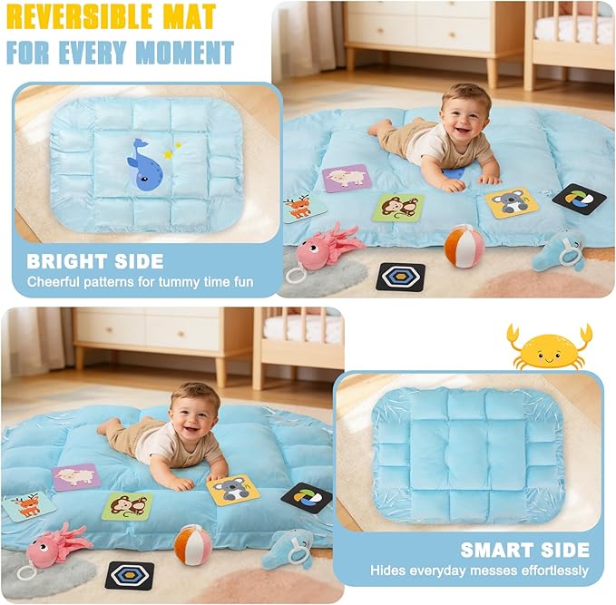 5-in-1 Tummy Time Mat Baby Activity Gym with Cartoon Pattern, Extra Thick Plush Play Floor Mat