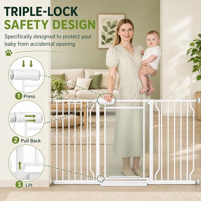Clear Acrylic Baby Gate and Dog Gate, 29-57.5 in Wide, 30.5 in Tall Metal Frame Pressure Mounted Gate with Auto Close, Two-Way Walk-Through and Child-Resistant Lock, White