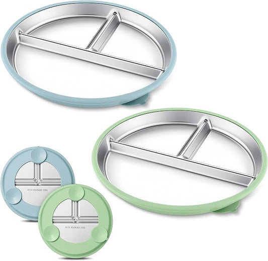 HaWare 2 Pack Stainless Steel Baby Suction Plates, 9 Inch Divided Toddler Plate with Removable Silicone Sleeves, Non Toxic & BPA Free Kids Feeding Set, Dishwasher Safe (Blue/Green)