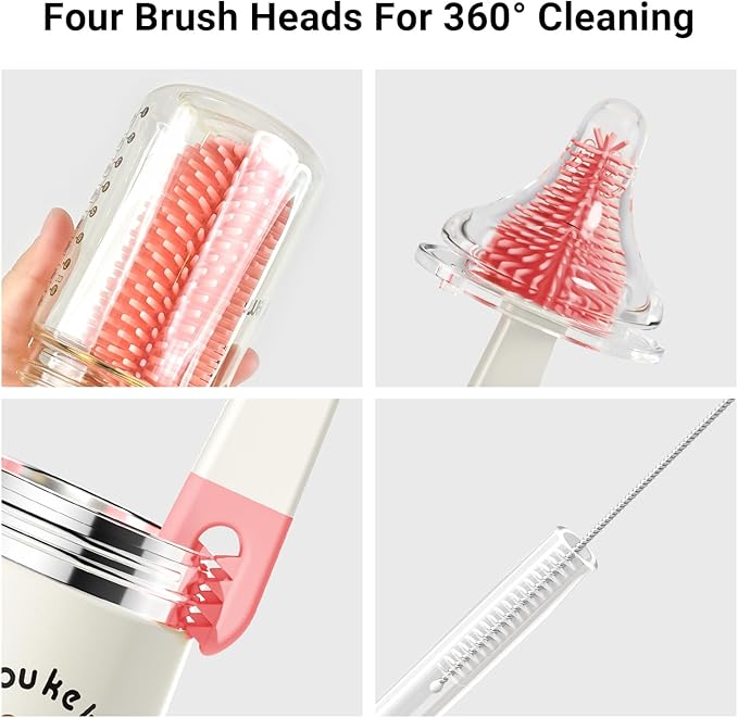 Aynmer Baby Bottle Brush, 10 in 1 Travel Baby Bottle Cleaner Brush Set with Silicone Brush, Nipple Brush, Straw Brush, Soap Dispenser, Portable Drying Rack, Breast Pump & Bottle Cleaning Kit - Pink