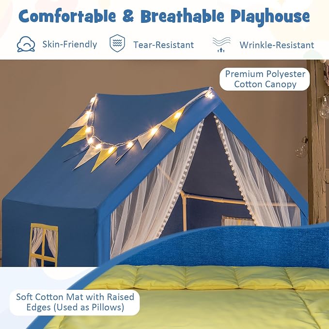 HONEY JOY Kids Tent, Large Kids Play Tent w/Washable Padded Mat, Star Lights, Flags, Windows & Storage Pocket, Indoor Outdoor Toddler Playhouse, 48” x 42” x 50”, Tent for Kids Boys Girls