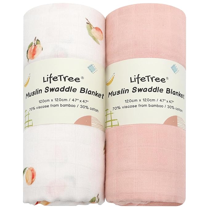 LifeTree Baby Swaddle Blankets, Boys Girls Muslin Swaddling Wrap Receiving Blanket for Newborn, 70% Viscose from Bamboo and 30% Cotton, Large 47" x 47", Peach and Pink