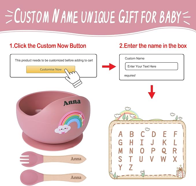 TYRY.HU Personalized Baby Bowl with Suction with Name, Baby Spoon and Fork with Name, Baby Led Weaning Supplies, Silicone Baby Feeding Set (Pink)