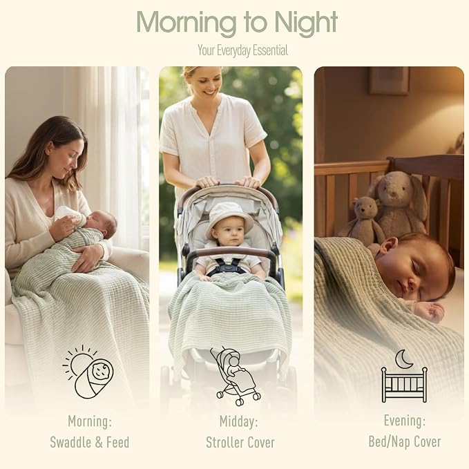Ultra Soft Muslin Baby Blanket - Made with Organic Cotton, Gender Neutral Sage Green Striped Jacquard, Swaddle & Crib Quilt, 43x43 Inches (Sage Green Stripes)