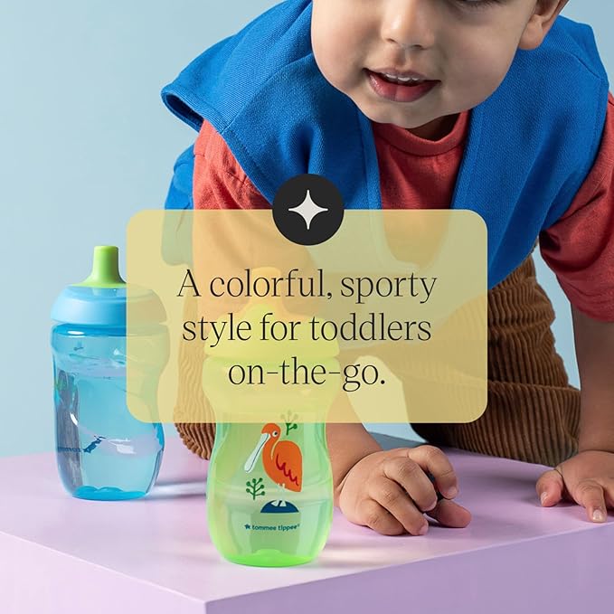 Tommee Tippee Sportee Water Bottle, for 12m+, 10oz, Pack of 3 Non-Spill Sippy Cups for Toddlers, Orange, Green and Blue, with Bite-Resistant Spout, Easy-Hold and BPA Free | for 12m+, Non-Spill, Sippy Cups, for Toddlers, Easy-Hold