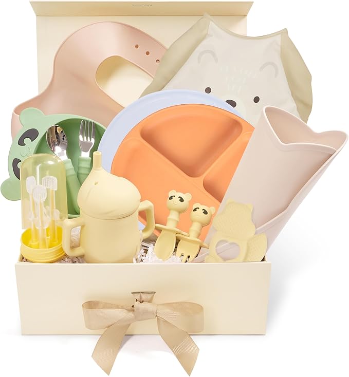 Baby Utensils Set?“Infant Feeding Essentials&Baby Plate Set?“Deluxe Silicone Feeding Mat,Long Sleeve Bibs,Training Cup,Spoon&Fork,Stainless Steel Set,Teethers,Toothbrush Kit ??in Gift Box for Newborns