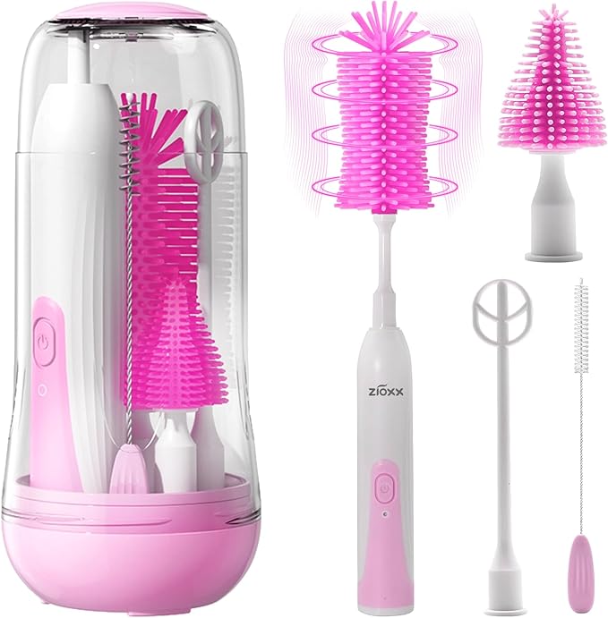 Electric Bottle Brush Cleaner, Portable Electric Baby Bottle Brush Cleaner for Travel, Rechargable Travel Bottle Cleaner Kit with Nipple & Straw Brush, Perfect Mom Essentials After Birth Gift, Pink