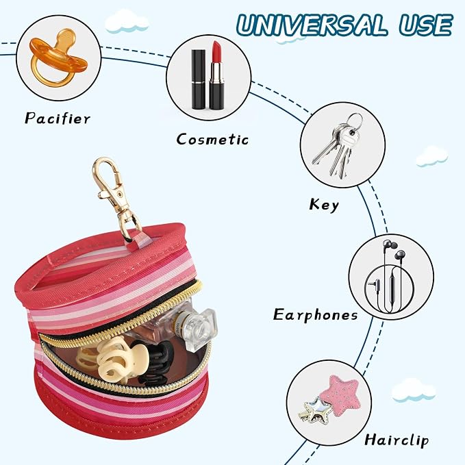 Pacifier Holder with Clip Pacifier Case for Diaper Bag Round Baby Pacifier Pouch Box Bag Portable Red and Pink Stripes