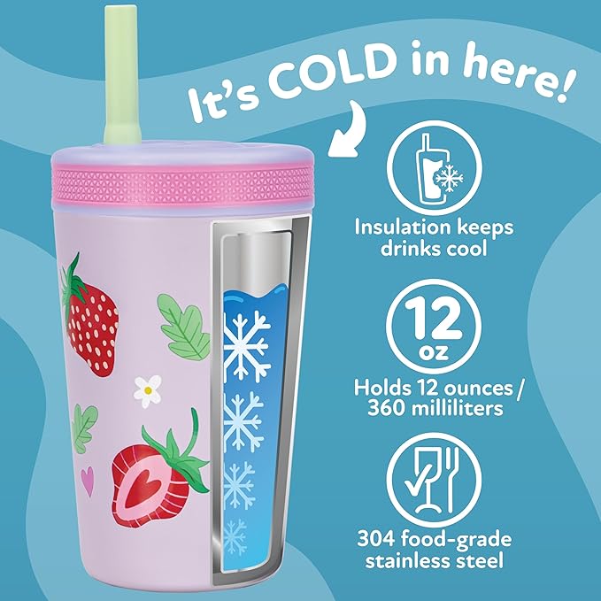 Nuby Thirsty Kids Insulated Toddler Cup with Silicone Flexstraw - 12 oz - Stainless Steel and Leak-Resistant - 18+ Months - Strawberries