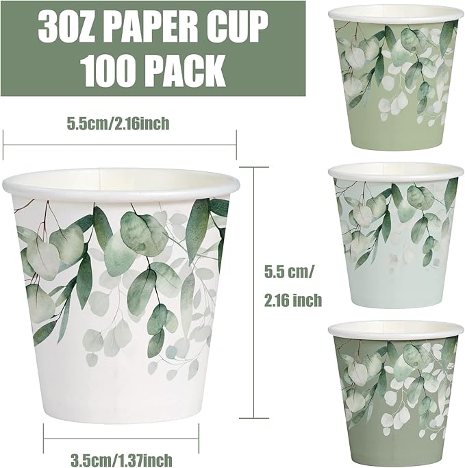 WRAPAHOLIC 3oz Eucalyptus Leaves Paper Cups - 100 Pack Disposable Bathroom Cups with Green Eucalyptus 4 Designs, Small Mouthwash Cup for Toothbrush Rinse, Home Bathroom, Baby Shower and Wedding