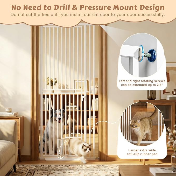 78.7" Extra Tall Pet Gate with Cat Door, Pressure Mounted Dog Gate Walk Through No Drilling, 27.5"-37.4" Wide Tall Pet Gates for Doorways & Stairs, White