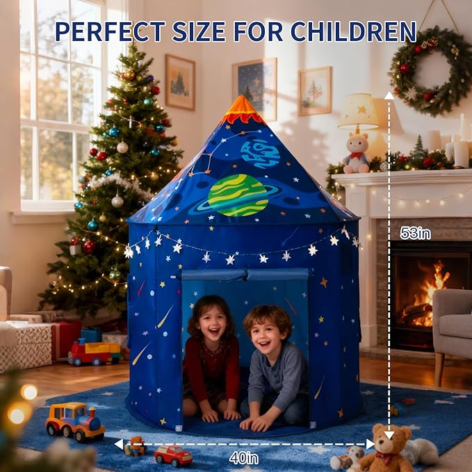 Rocket Space Ship Play Tent for Kids with Star Lights, Astronaut Themed Pop-Up Playhouse for Indoor & Outdoor, Foldable Space Adventure Gift for Boys and Girls