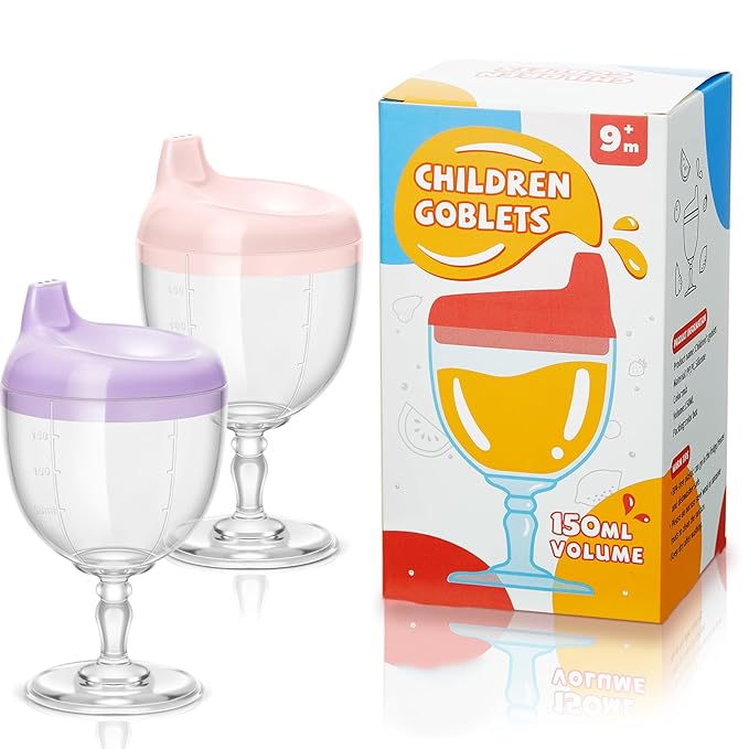 Irenare 2 Pcs Baby Wine Sippy Cup Plastic Goblet Cup No Spill Wine Glass Baby Sippy Goblet Glass Beverage Mug Milk Bottle with Lid for Kids (Pink, Purple)