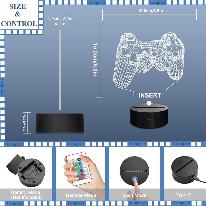Lampeez 3D Gamepad Lamp Game Console Night Light 3D Illusion lamp for Kids, 16 Colors Changing with Remote, Gaming Room Gamer Gift, Kids Bedroom Decor as Xmas Holiday Birthday Gifts for Boys Girls