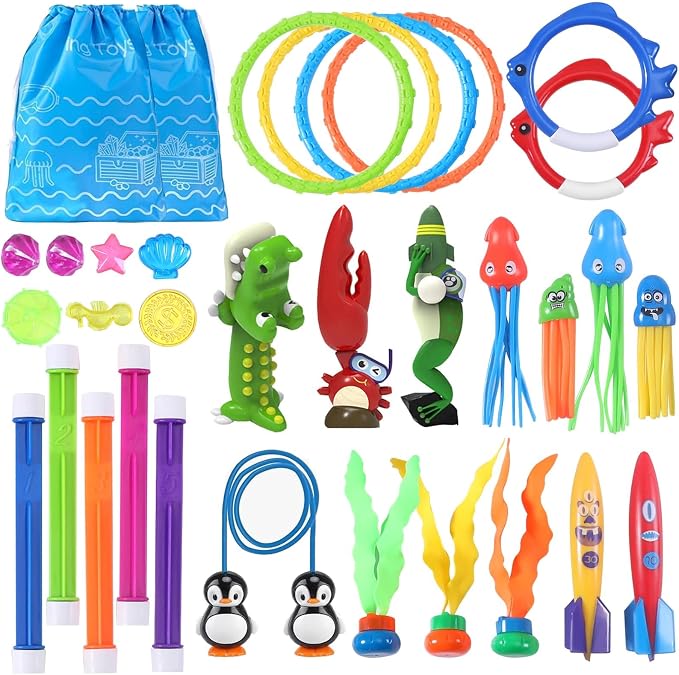 32 Packs Summer Pool Diving Swimming Essentials Water Toys for Kids, Fun Swim Games Sinking Set, Underwater Dive Easter Day Gifts with Storage Bag Include Torpedo Gems Shark Rings Sea Animals