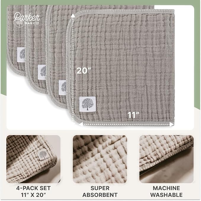 Parker Baby Muslin Burp Cloths | 100% Cotton Burping Clothes, Newborn Essential | Must-Have Baby Registry, Modern and Trendy Colors | 20"x11" Unisex Large Baby Burp Cloths, 4-Pack Gray Set