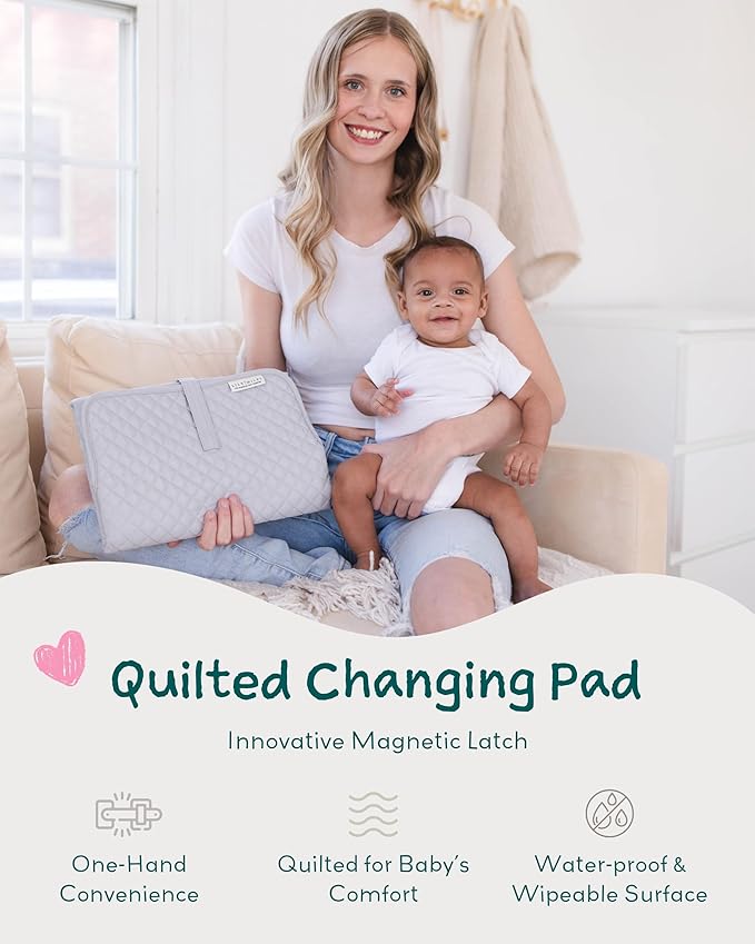 Lily Miles Baby Changing Pad Portable, Diaper Changing Mat with Magnetic Latches, Travel Pad for Diaper Bag, Baby Essentials, Wipeable & Waterproof Mat (Heather Gray, Large)