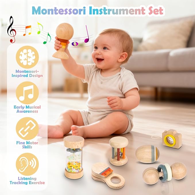 Montessori Wooden Baby Toys 7-in-1 Sensory Set for Babies 0??2 Months, Rain Sound Tube & Rattle Roller, Sensory Musical Gift for Baby Boys and Girls with Storage Bag