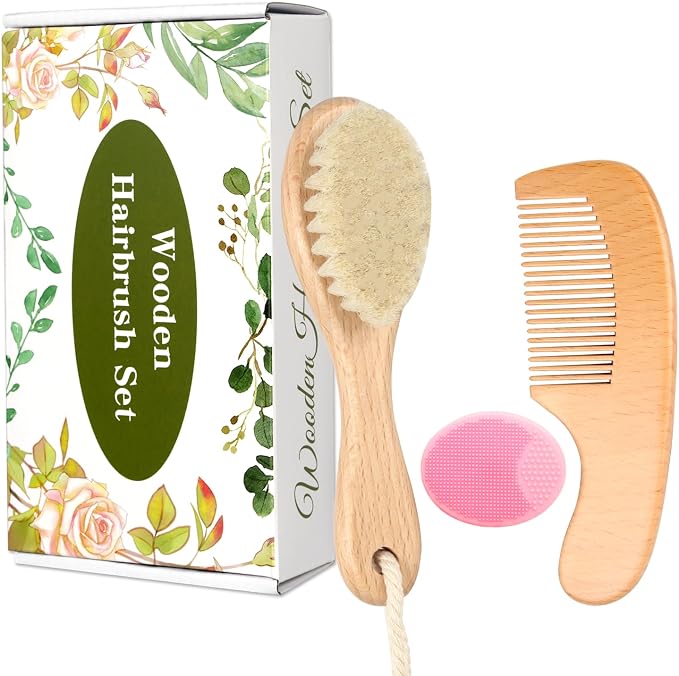 Wooden Baby Hair Brush and Comb Set, 3Pcs Natural Soft Goat Bristles Brush Cradle Cap Comb Baby Shower Scrubber Perfect Scalp Grooming Product for Newborn, Toddler, Infant (Pink)