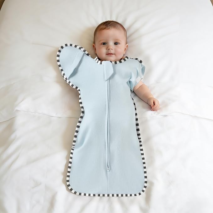Soft Cotton Swaddle Blanket, Arms Up Baby Sleep Sack, Wearable Sleep Bag for Boys Girls (Light Blue + Light Grey, S(0-3 Months))