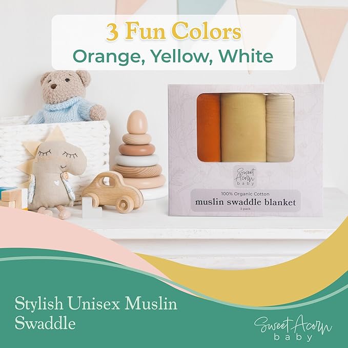 Muslin Swaddle Blanket ??Soft Cotton Muslin Baby Blanket for Newborns, Infants, and Toddlers, All-Season Comfort Baby Essential - Orange, Yellow, White