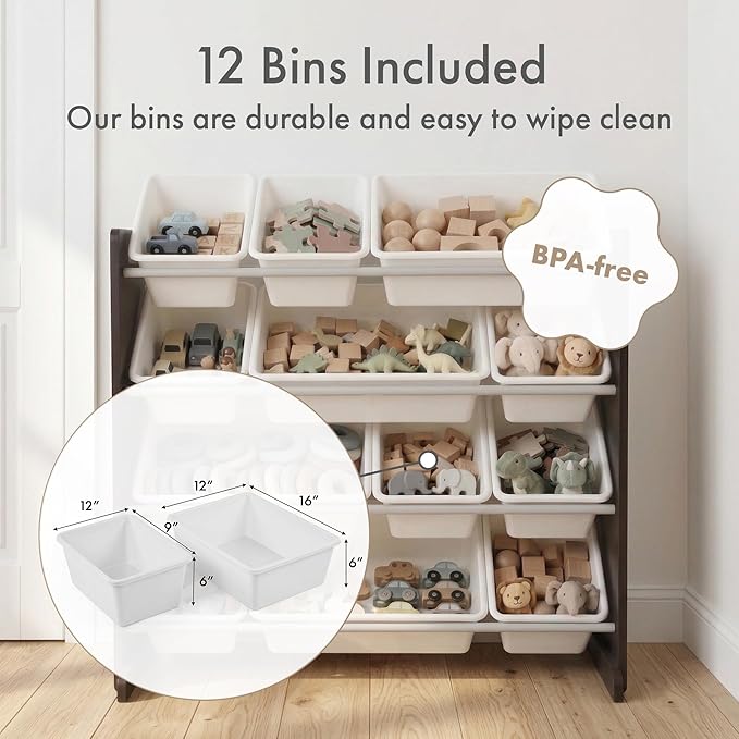 Humble Crew Kids Toy Storage Organizer with 12 Plastic Bins, Espresso/White ??Removable Bins for Playroom, Bedroom, Toddler Furniture for Boys and Girls Ages