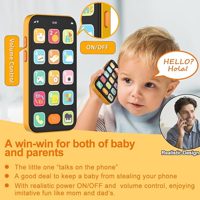 Bilingual Baby Phone Toy Phone for Toddler 1-3, Fun Early Learning Musical Baby Toys for 6-12 Months with Sounds and Light, English/Spanish, Gift for 1 Year Old Boys Girls Kids Infant, Orange