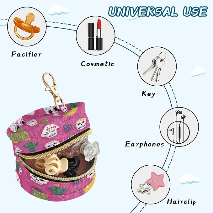 Pacifier Holder with Clip Pacifier Case for Diaper Bag Round Baby Pacifier Pouch Box Bag Portable Pink Skulls Green Cactus