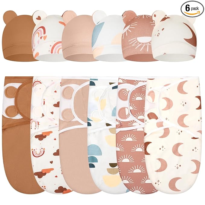 Ramede 6 Pack Swaddle Blanket with Hats for Baby Girl Boy 100% Cotton Swaddles 0-3 Months, Adjustable Breathable Skin Friendly Receiving Blanket Wrap, Essential for Newborns(Boho,Khaki)