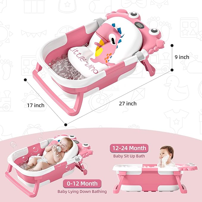 Collapsible Baby Bathtub for Newborns to Toddler with Real-time Temp Monitor & Floating Cushion,Portable Travel Tub for 0-36 Month, Foldable Baby Bath Tub for Infants Girl (Pink)