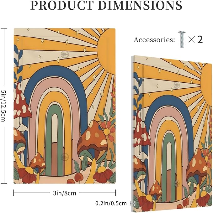 Boho Sun Rainbow Mushroom Hippie Vintage Floral Light Switch Cover Plate 1 Gang No Device Blank Electrical Wall Plates Faceplate Decorative Switch Plate Covers for Kids Room Nursery Decor