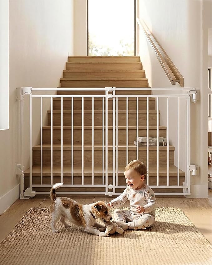 Extra Wide Baby Gate for Stairs and Doorways, 32-54” W x 29” H(Must Drill to Install), One-Hand Operation, Auto-Close Feature, No Bottom Threshold, for Babies and Pets, White