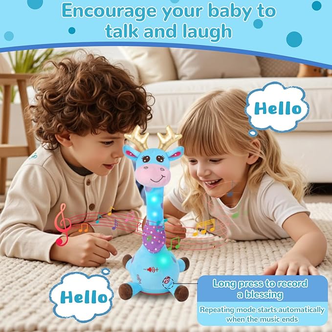 MILGEI Dancing Talking Giraffe Toy, Singing Musical Tummy Time Baby Toy with Volume Adjustment, 10 Children's Songs Light Up Toys, Repeating What You Say, Blue Giraffe Stuffed Animal for Girls Boys