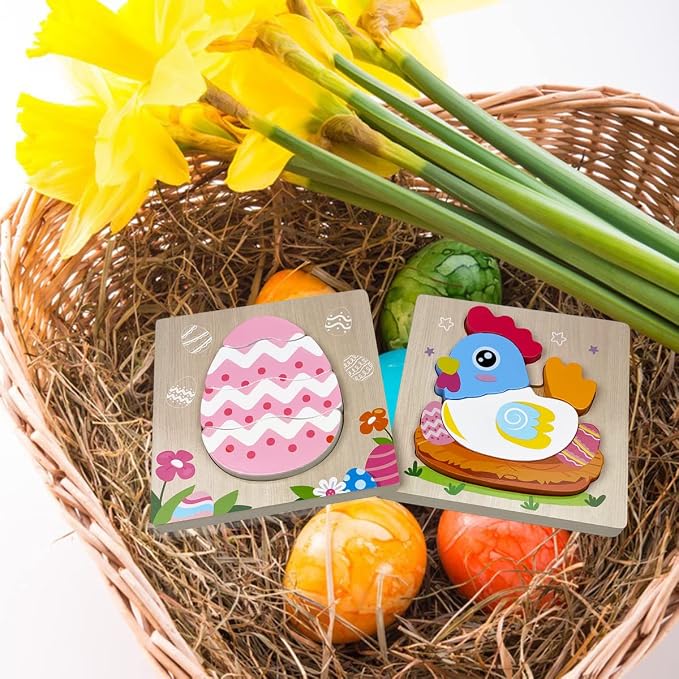 Anditoy 4 Pack Easter Wooden Puzzles Toys for Kids Toddlers Easter Basket Stuffers Gifts Party Favors