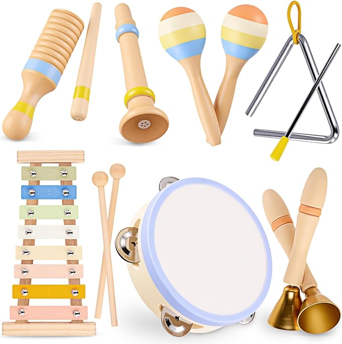 Baby Musical Instruments, Montessori Wooden Musical Toys for Toddlers 1??, Xylophone Tambourine Triangle Maracas, Wooden Baby Instruments, Kids Preschool Educational Toys, Birthday Gift for Boys Girls