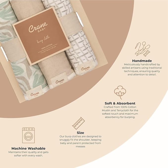 Crane Baby Muslin Baby Burp Cloths, Lightweight Absorbent Burp Cloth, Beach Life Starfish, Set of 3, 7” x 20”, Newborn Baby Essentials, Burp Cloths Baby Boy, Burp Cloths Baby Girl, Newborn Essentials