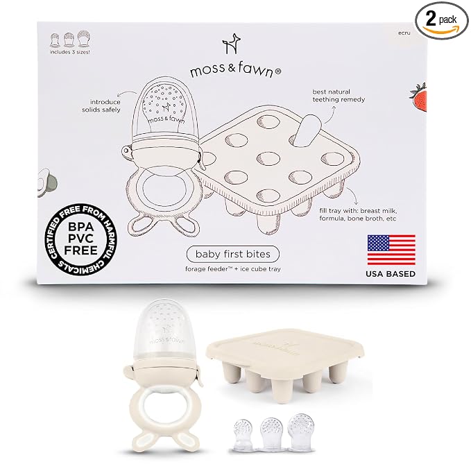 Moss and Fawn Baby's First Bites Bundle - Silicone Frozen Breast Milk Popsicle Kit with Forage Feeder & Teething Popsicle Ice Cube Tray - BPA, PVC, & Lead-Free - Ecru