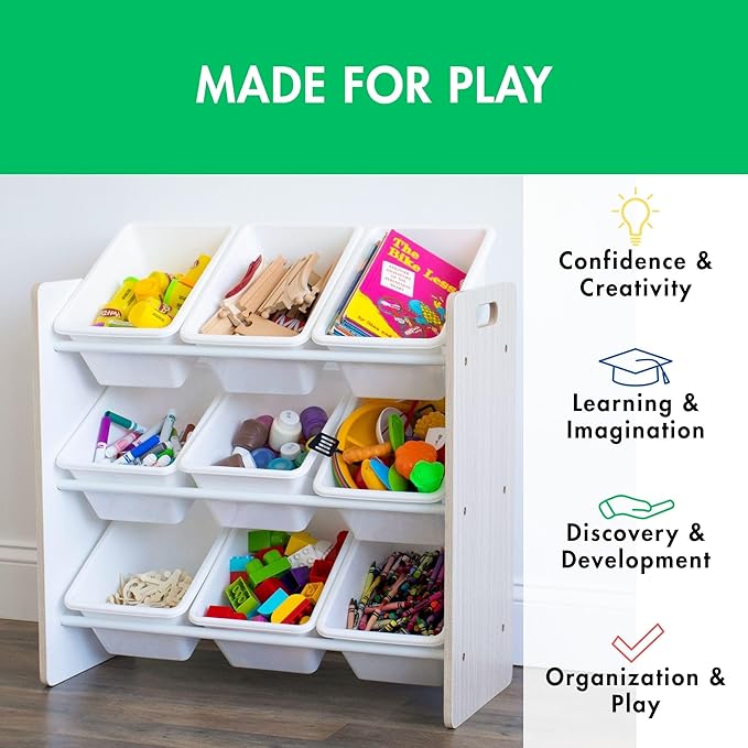 Humble Crew 9-Bin Toy Organizer ??Hampton Sandwashed with White Plastic Bins, 3-Tier Storage Solution for Kids' Playrooms and Nurseries