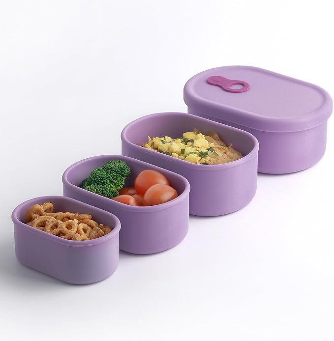 Premium Korean-Made Silicone Airtight Food Container with Steam Vent ??BPA Free, Leakproof, Microwave & Freezer Safe Meal Prep. & Leftovers Storage (Violet, 4p Multi-Size Set)