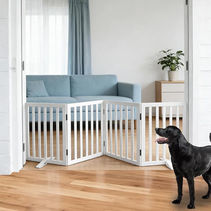 Dog Gate Indoor, Freestanding Dog Fence for The House, Doorways, Hallways,or Stairs,Pet Gate Foldable Wooden,Expandable 24" Height 4 Panels,White