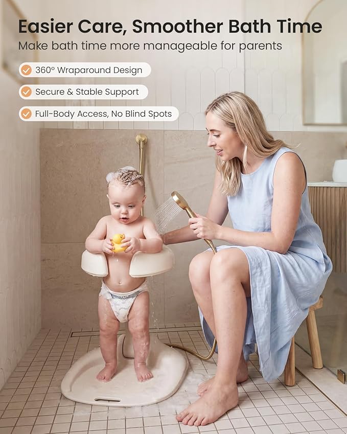 GROWNSY Baby Bath Stand for Babies 6 Months & Up, Foldable Baby Shower Stand for Infants and Toddlers, Adjustable Baby Shower Standing Support With Shower Holder