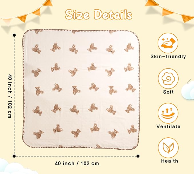 Baby Blanket 40x40 Inches,Muslin Cotton and Minky Dotted Double Layer Soft Receiving Blanket for Newborn Toddler,Brown Bear