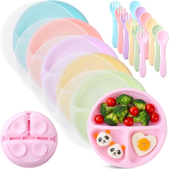 Meanplan 6 Pack Suction Plates for Toddlers with Lids Silicone Baby Plates set Food Grade Silicone Divided Design Microwave and Dishwasher Safe Assorted Colors(Macaron Colors)