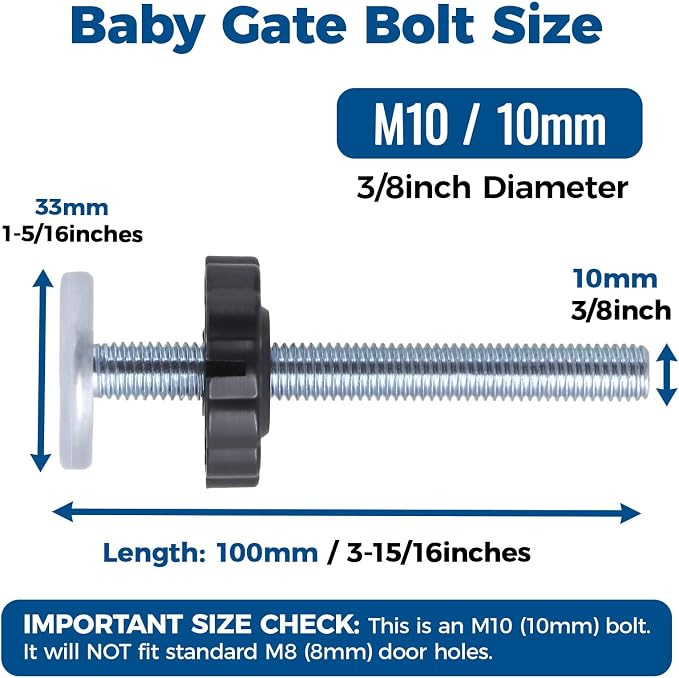 M10 Baby Gate Spindle Rods 4-Pack, Fits 10mm Holes Only, Not for M8, (10mm / 3/8") Extra Long 3.94" Replacement Parts for Pressure Mounted & Pet Safety Gates, Black