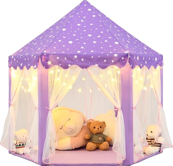 Purple Princess Tent for Girls, Kids Play Tent with LED Small Star Lights, Castle Playhouse Tent for Children Toddlers Indoor Outdoor Games, 55×53 Inches