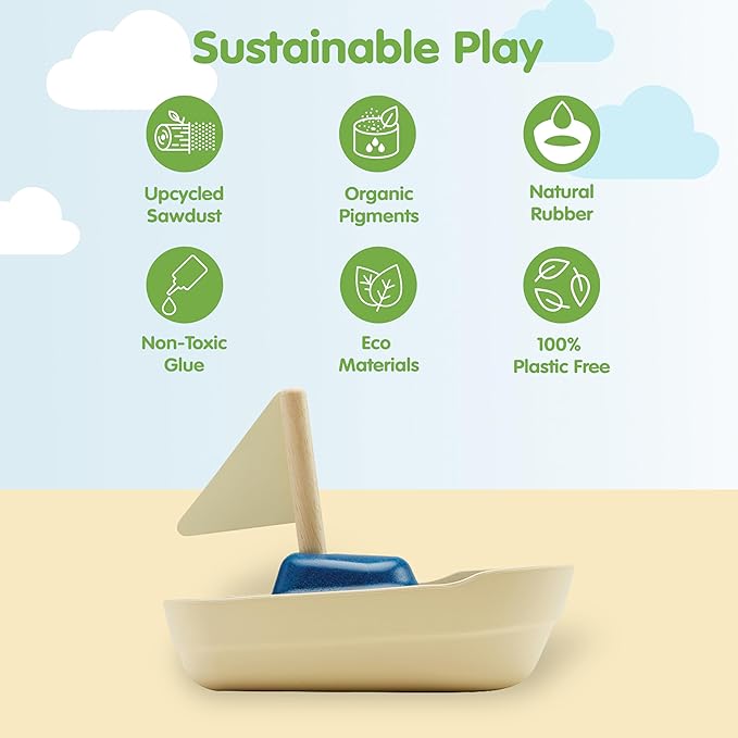 PlanToys® Sailboat Wooden Bath Toy | Eco-Friendly Floating Boat for Kids | Promotes Fine Motor Skills & Imaginative Play | Sustainable Birthday Gift for Bathtime Fun